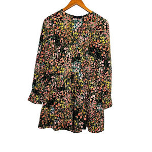 Zara Dress Long Sleeve Floral Black Flowers Tie Back Size‎ XS
